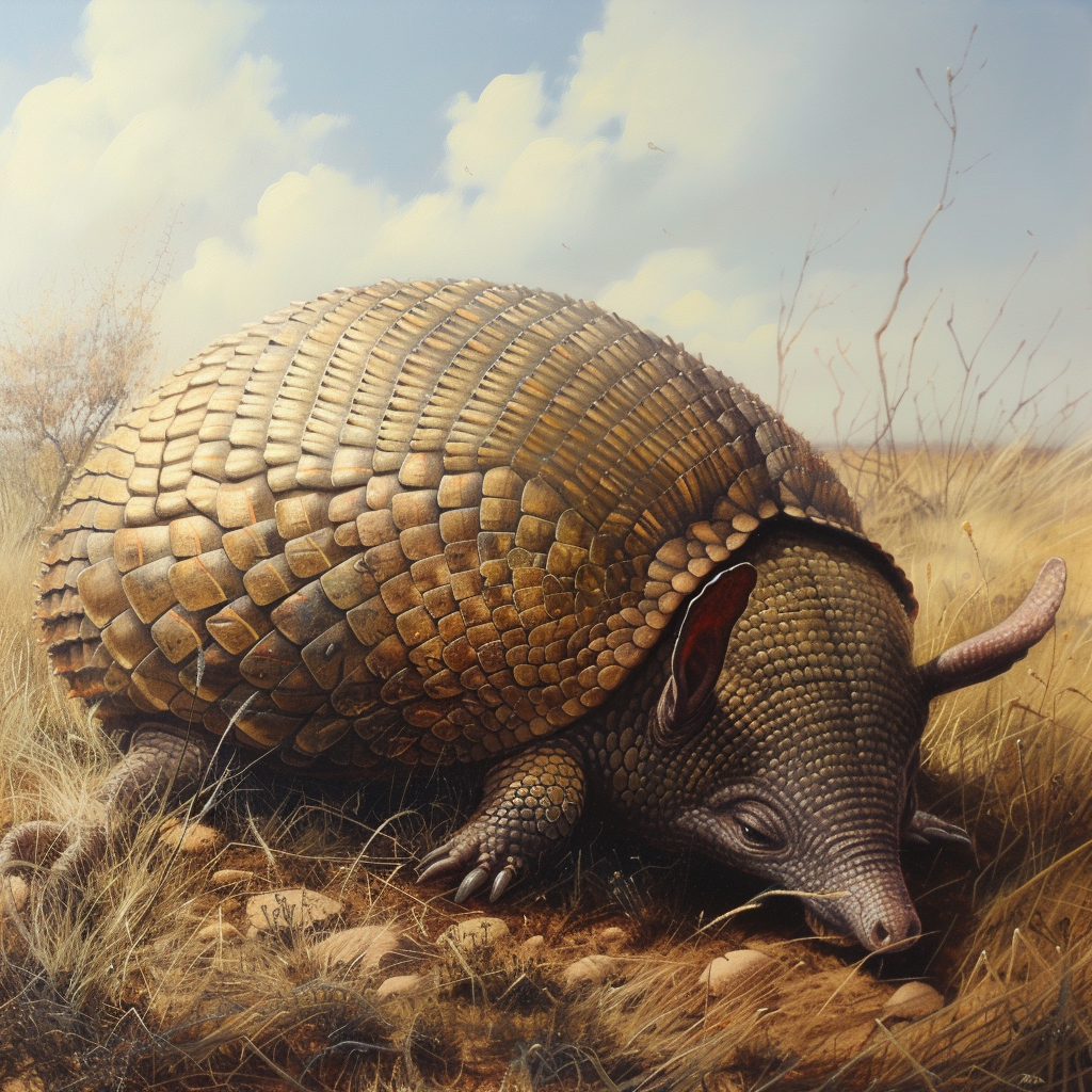 Armadillo curling into ball in grassy field