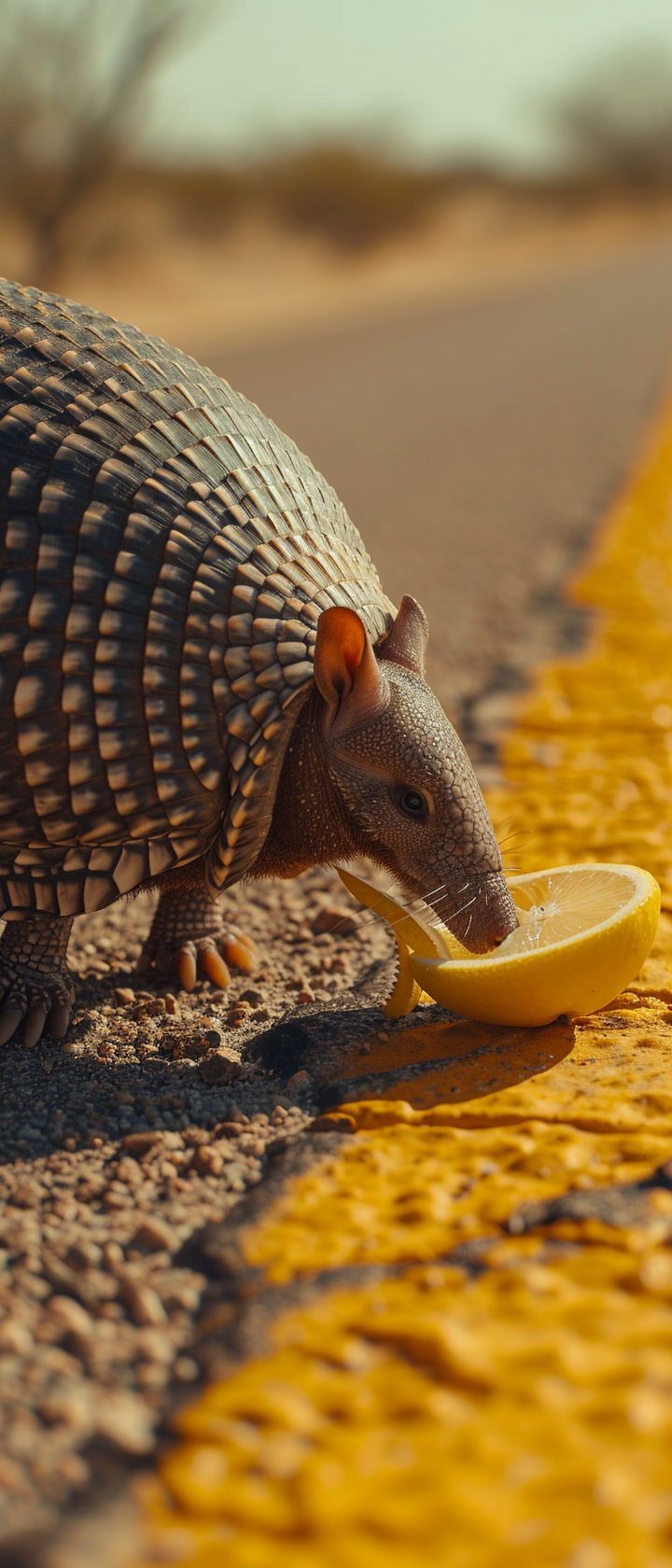 Armadillo enjoying a lemon on a Texas desert highway