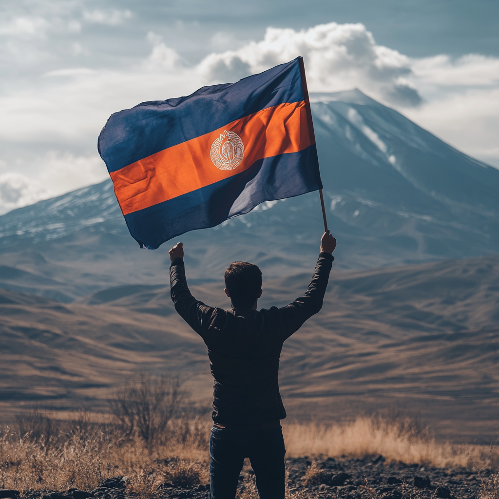 Man with Armenia Flag and Ararat View