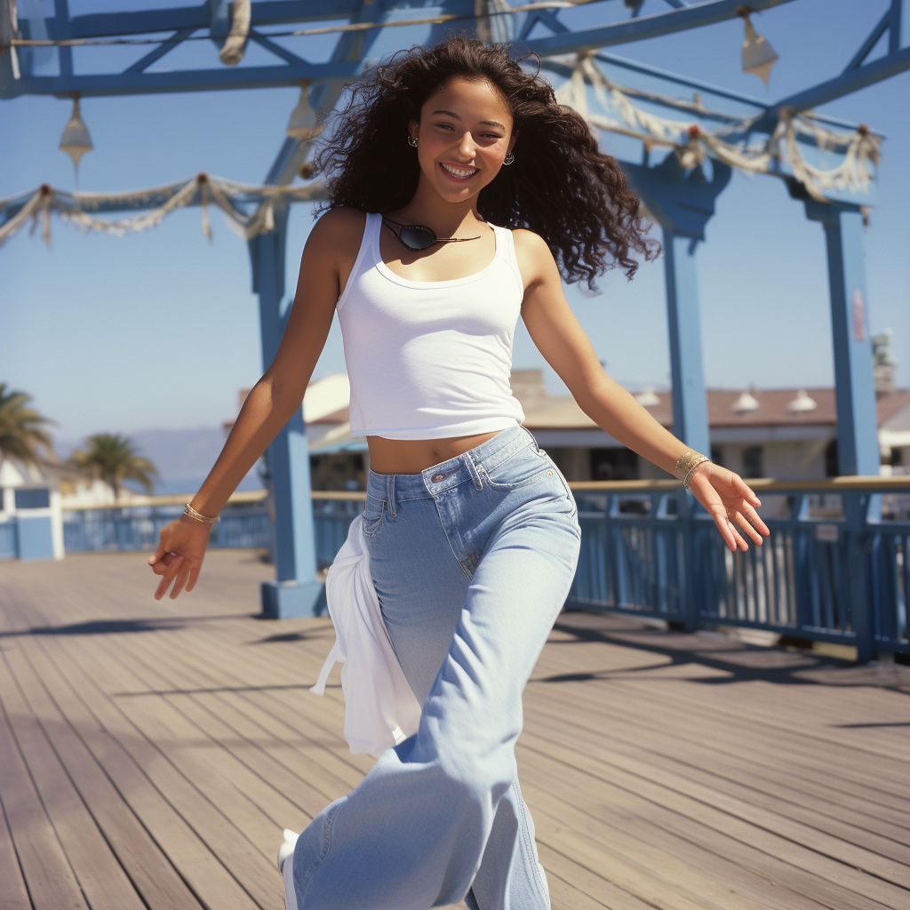 Young girl dancing happily on a sunny California boardwalk