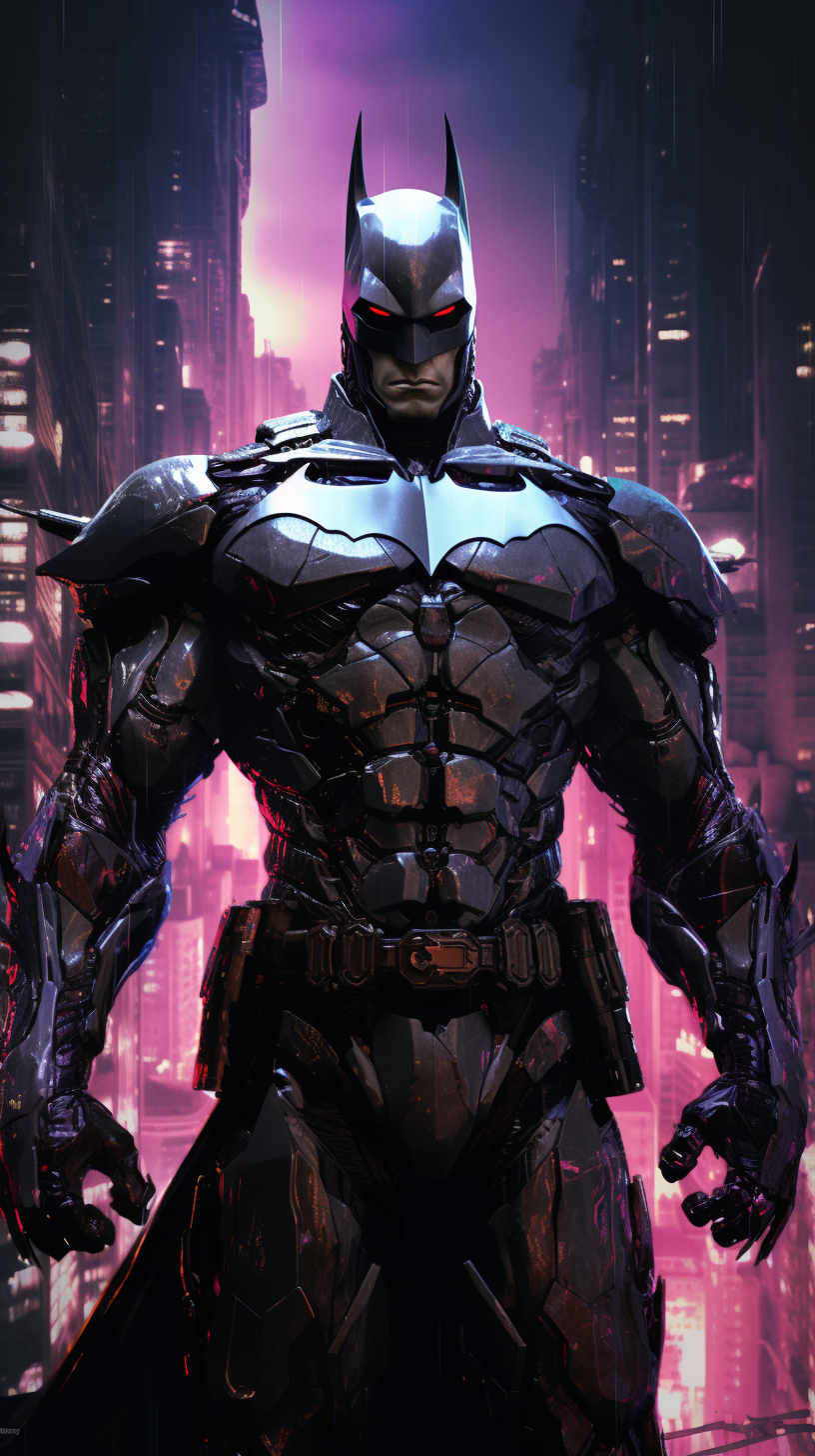 Superhero armored Batman in futuristic Gotham