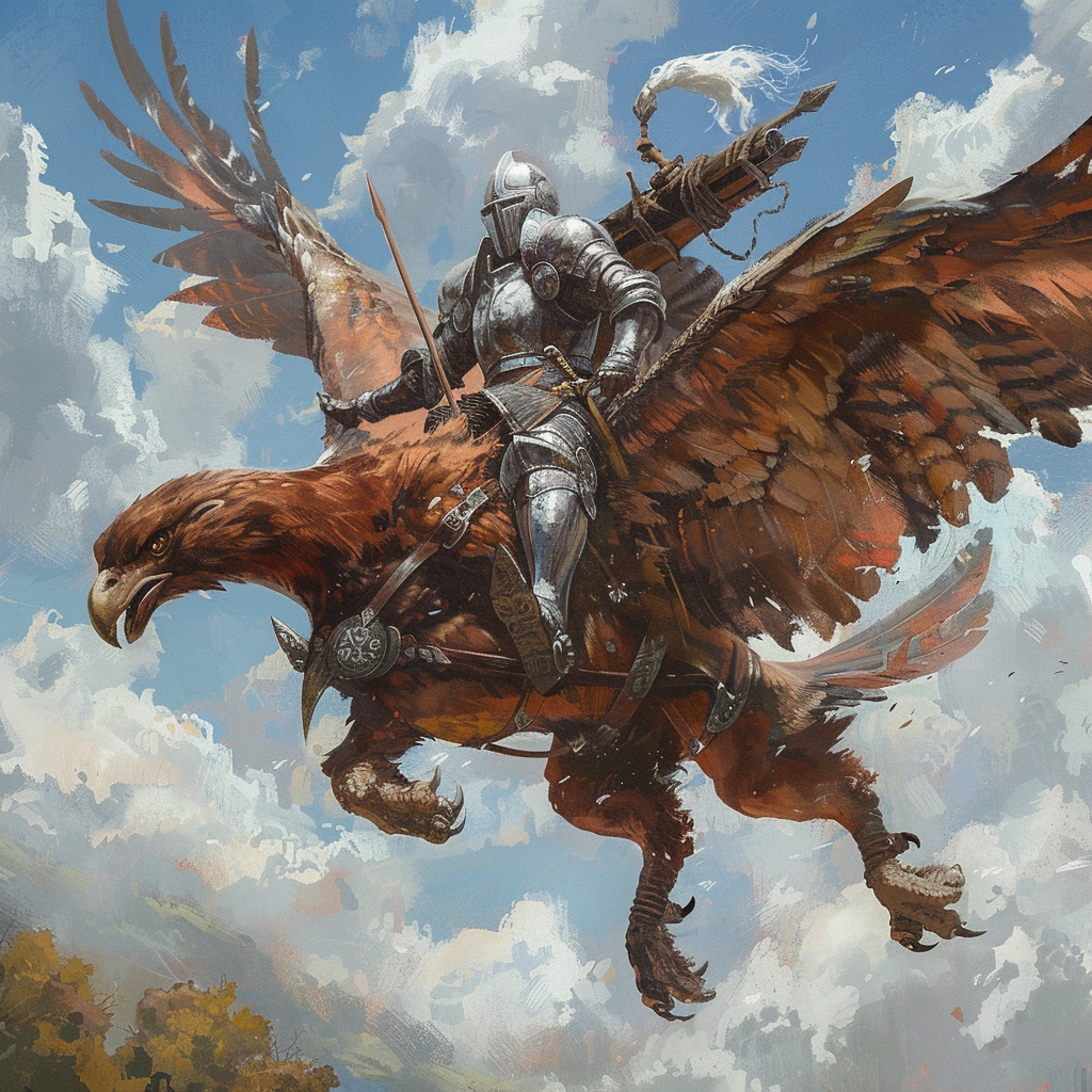 Knight riding armored griffin flying