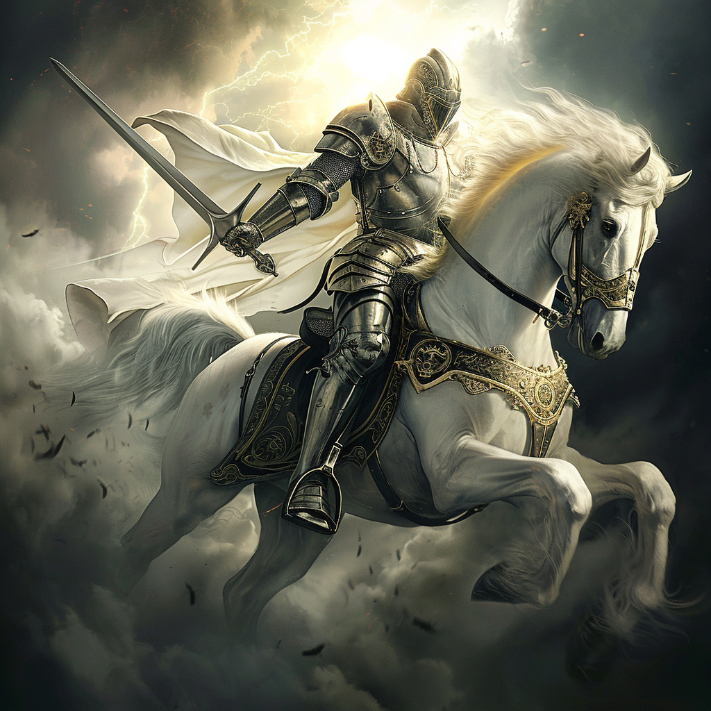 Armored knight on white horse in dynamic pose