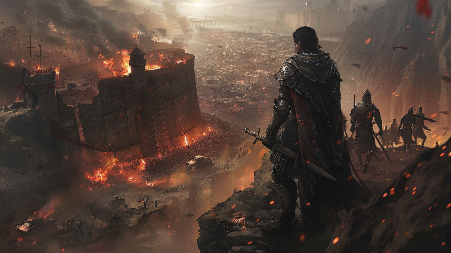 Armored man overlooking burning city