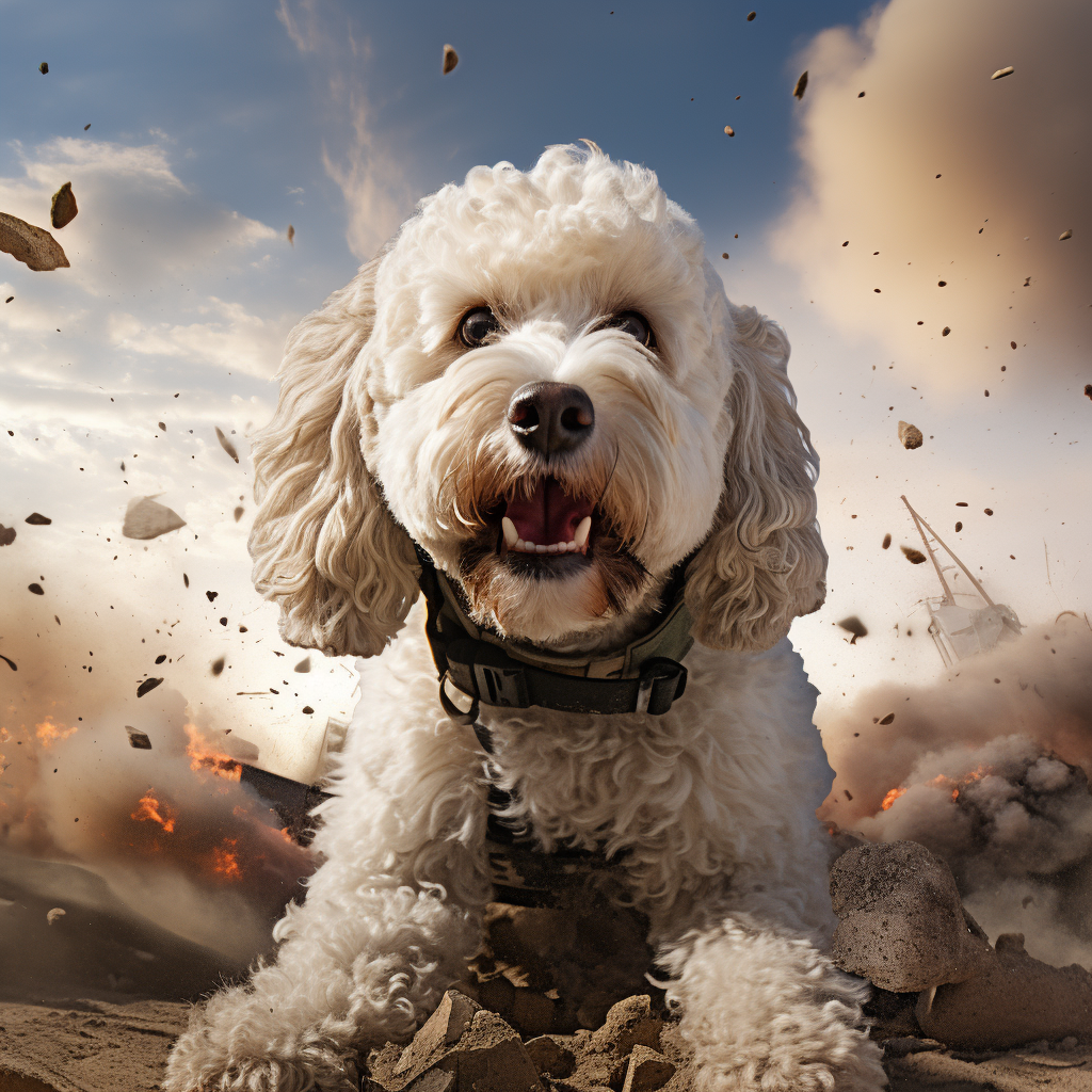 White Cockapoo Dog in Army Fighting