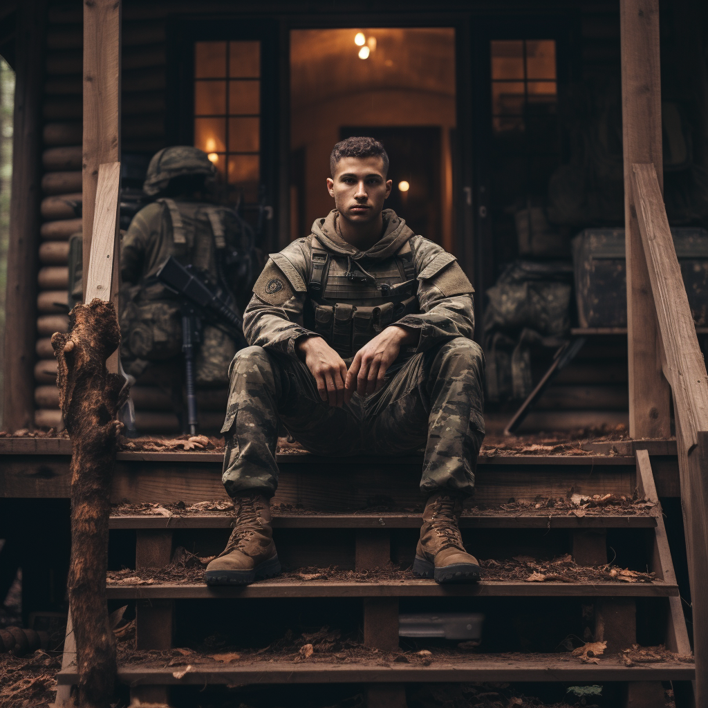 Soldier Relaxing on Cabin Stoop