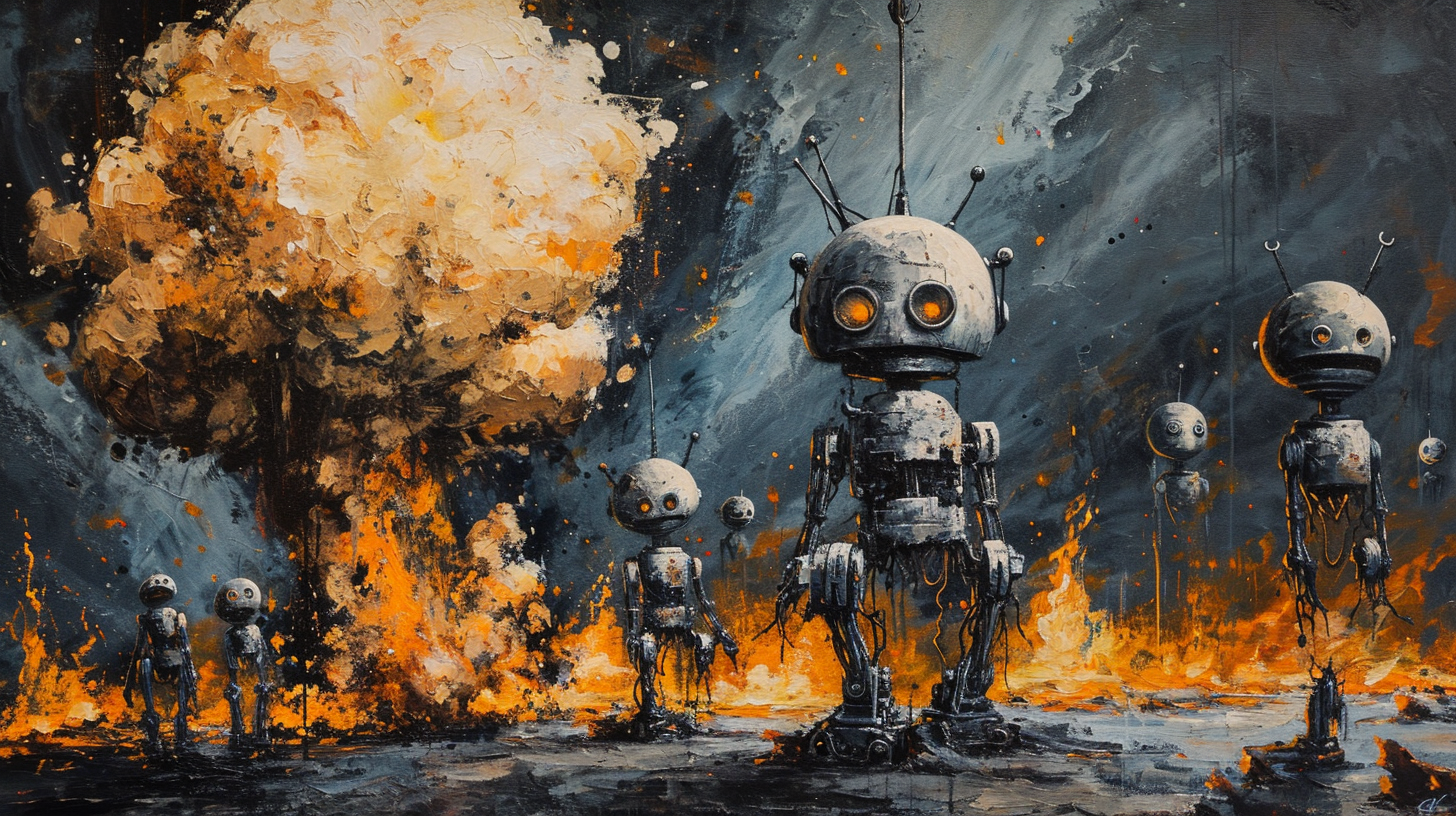 Burning army of broken robots