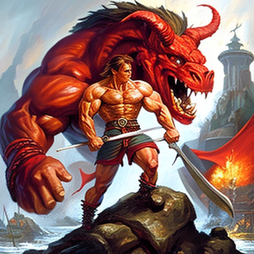 Arnold Schwarzenegger battling a majestic red dragon