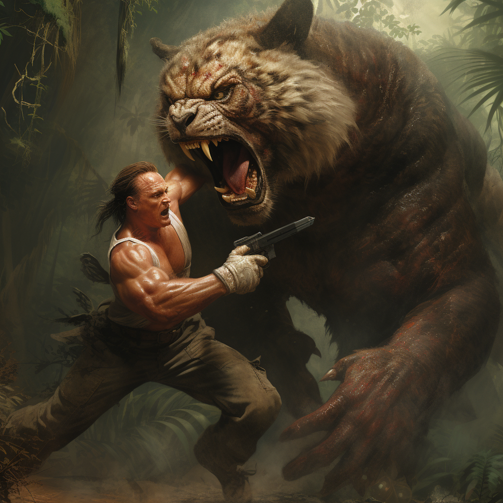 Arnold Schwarzenegger battling fierce jungle tiger