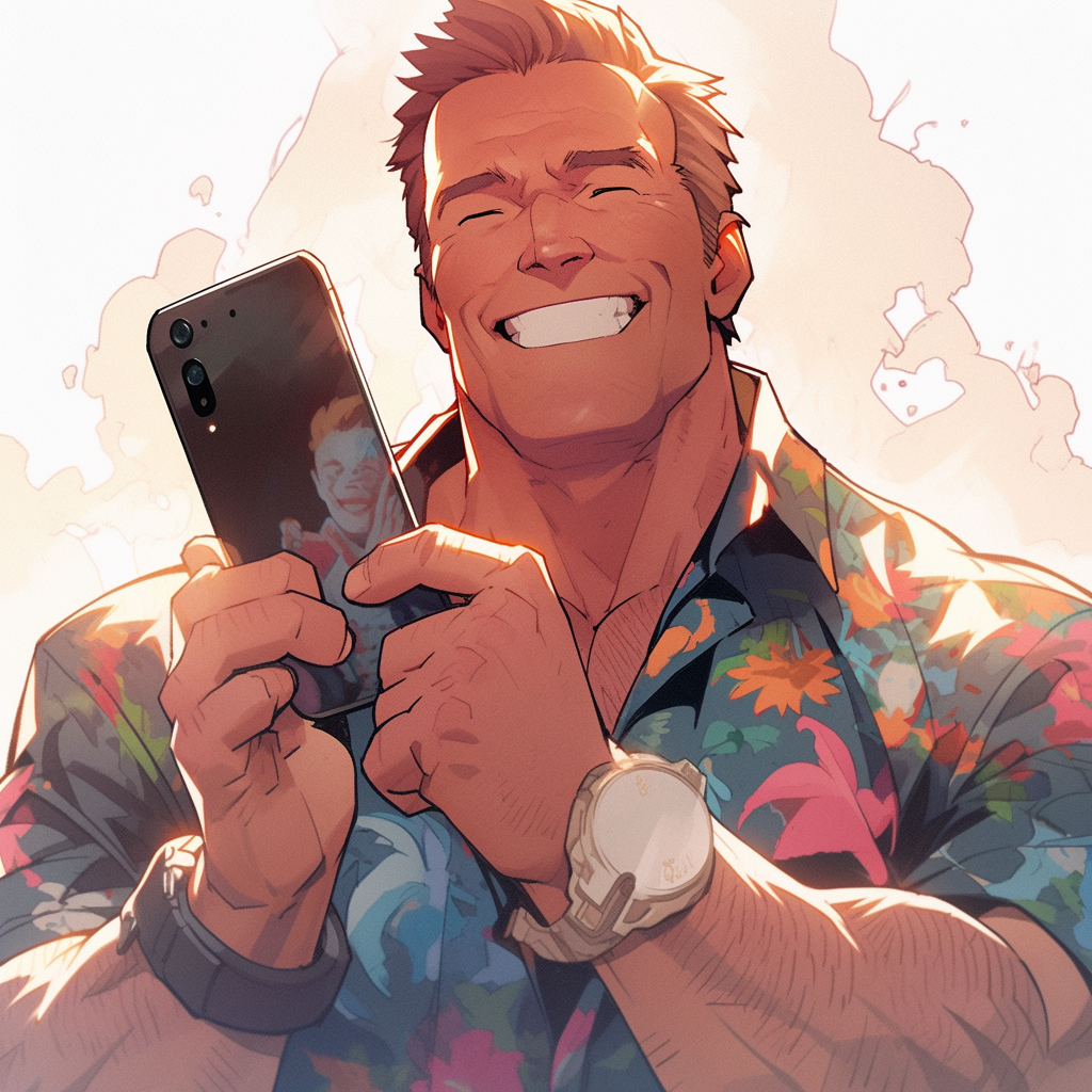 Arnold Schwarzenegger holding iPhone excitedly