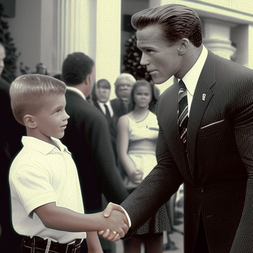 Arnold Schwarzenegger shaking hands with a small guy