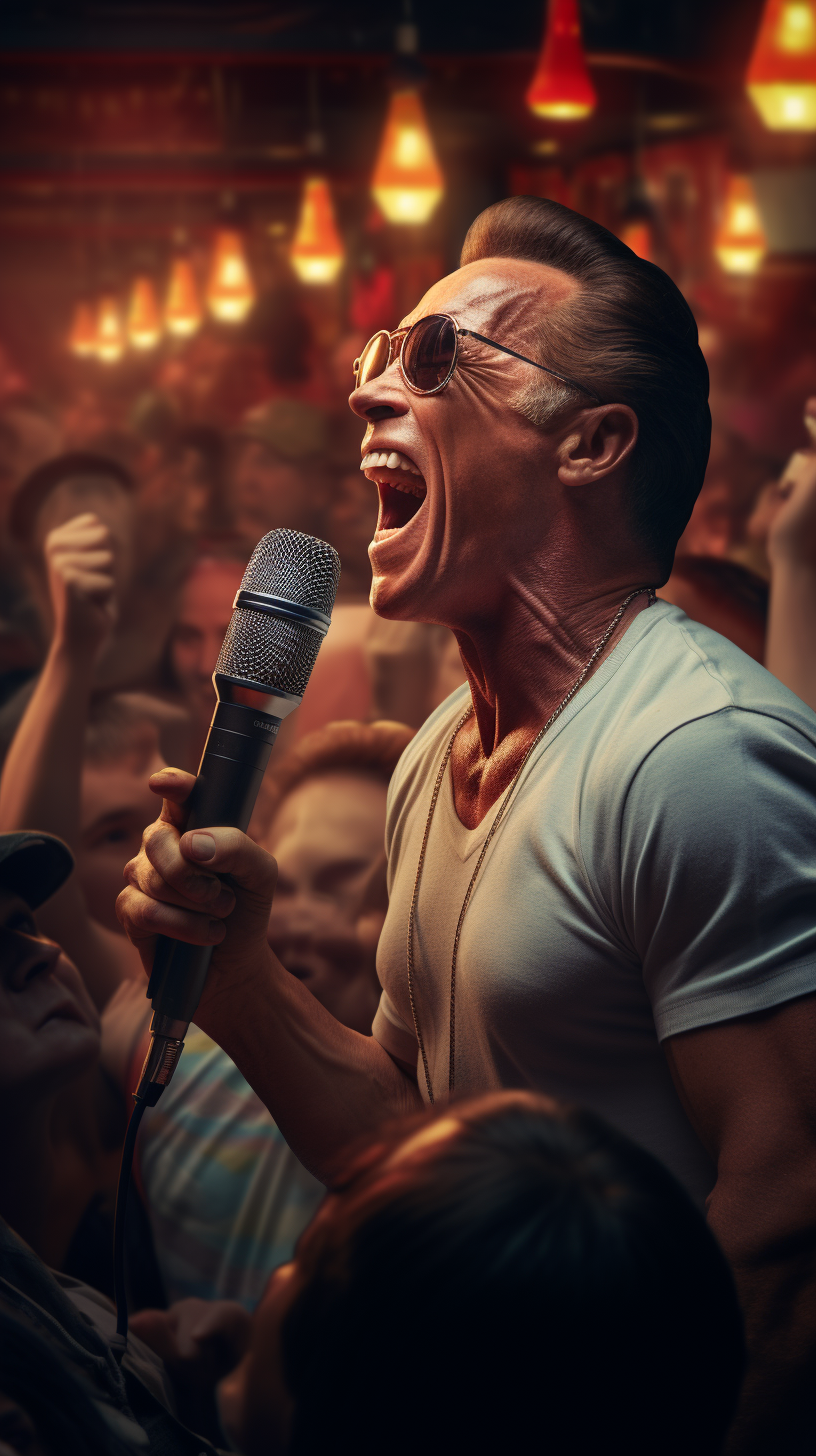 Arnold Schwarzenegger singing karaoke wearing sunglasses at a restaurant