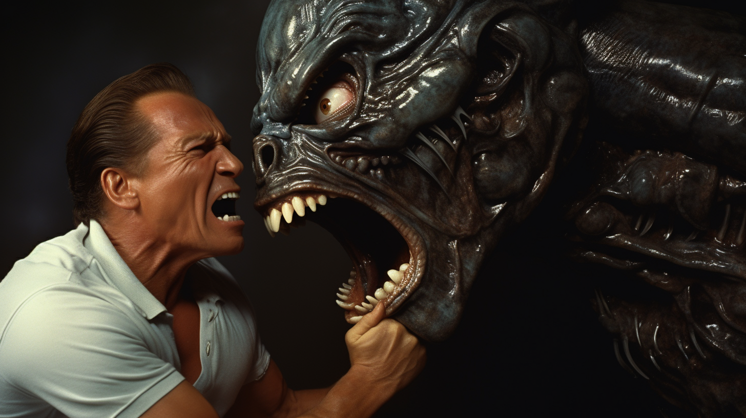 Arnold Schwarzenegger punching a Xenomorph