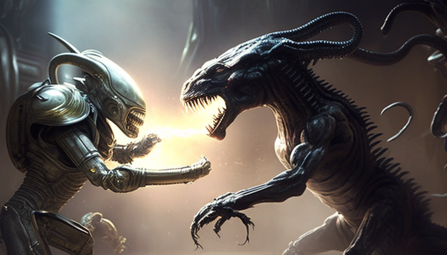 Arnold fighting a Xenomorph