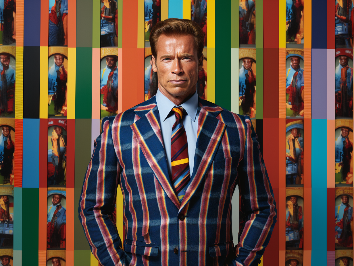 Arnold Schwarzenegger as aristocrat in striped collage