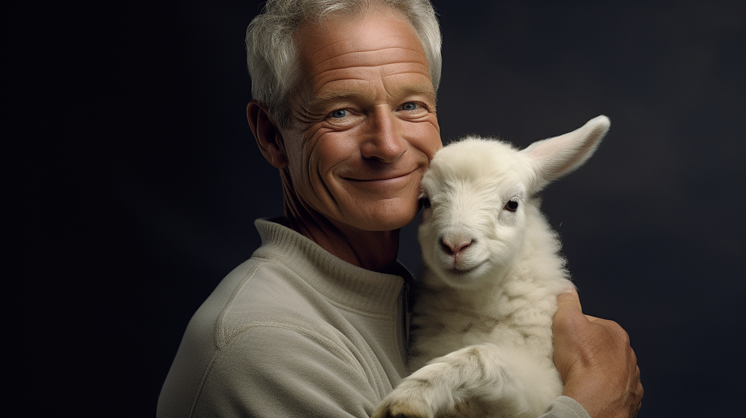 Arnold Swarzneger Hugging Cute White Lamb