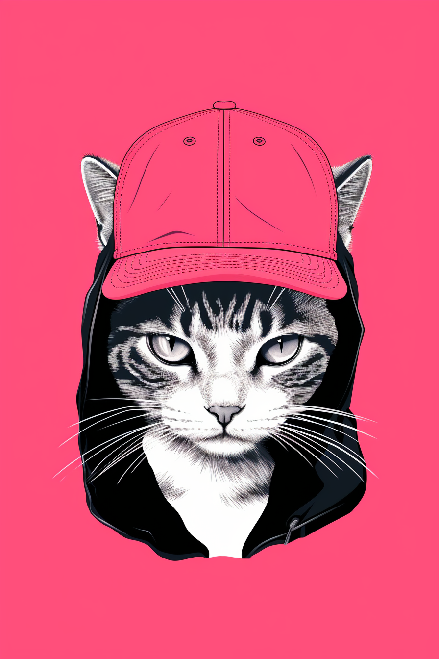 Arrogant cat with baseball cap on pink background