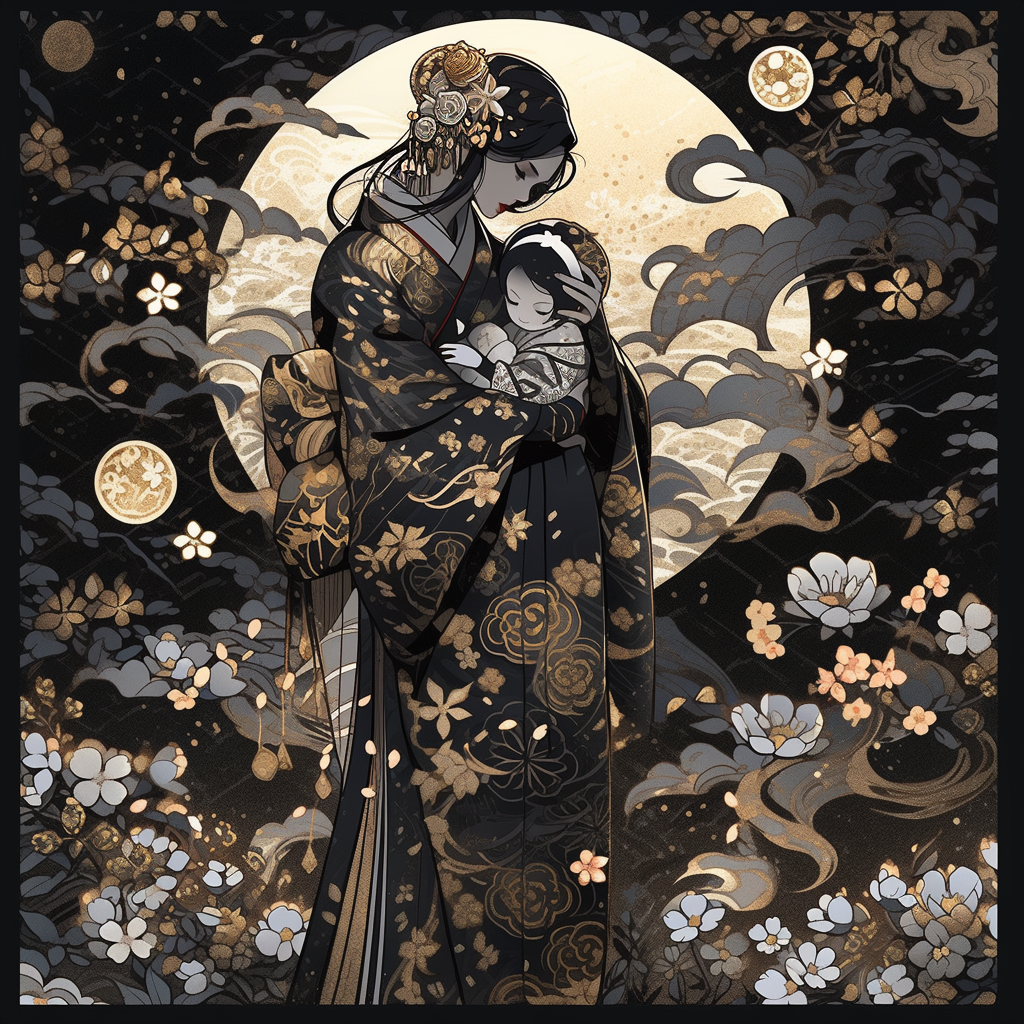 Beautiful Japanese Geisha Holding Her Baby in Black and Gold