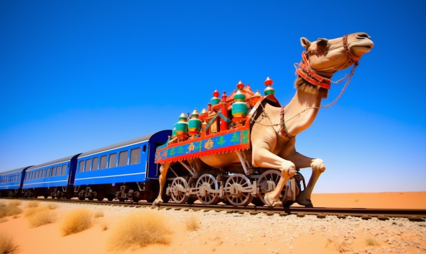 High-Speed Art Deco Camel Locomotive at Desert Station