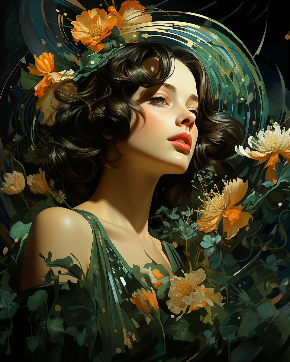 Art Deco Girl with Green Flowers