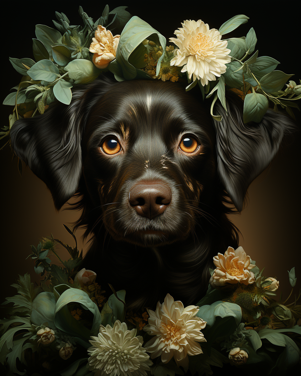 Art Deco puppy surrounded by flowers