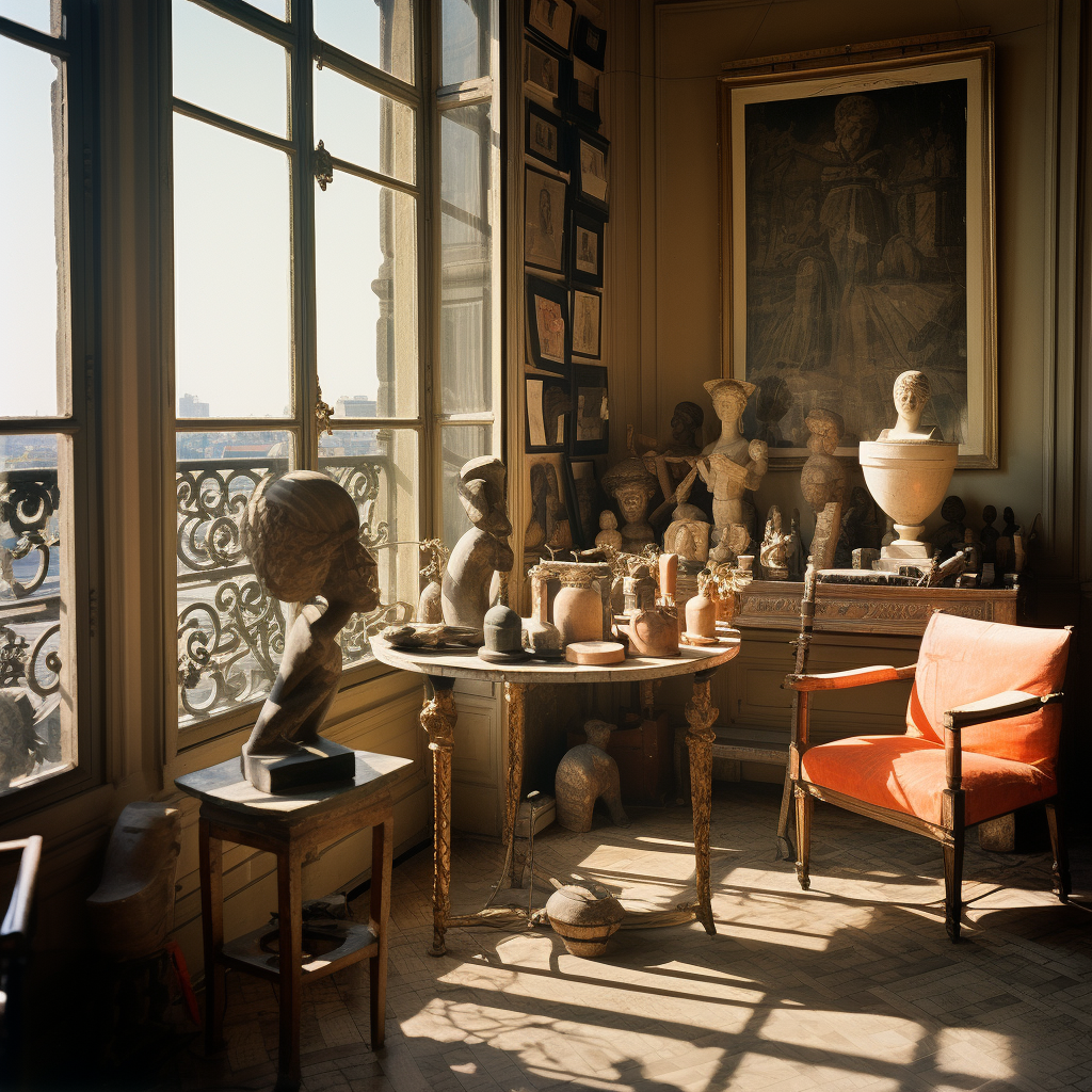 Image of a cluttered Art Deco room with a view of the Louvre in Paris