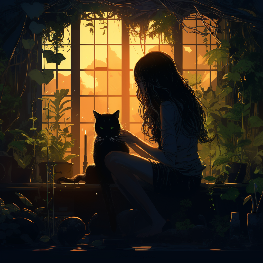 Art girl and cat in dark academia vibes