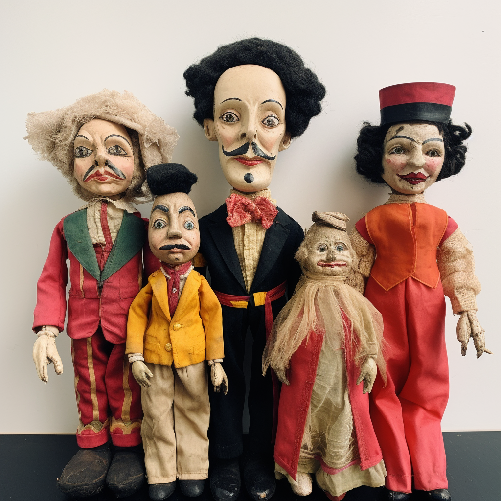 Vibrant circus hand puppets in the 1970s