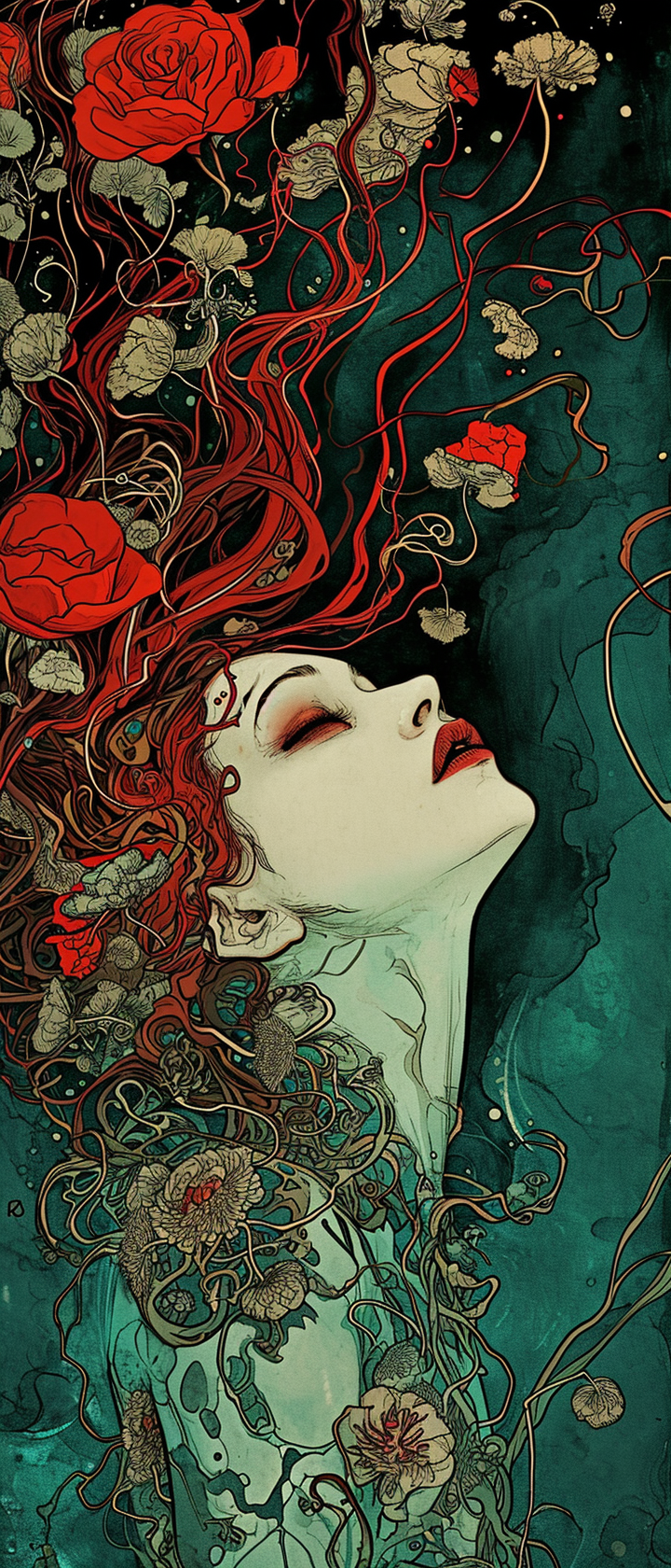 Art Nouveau Dark Aquamarine Red Comic Book