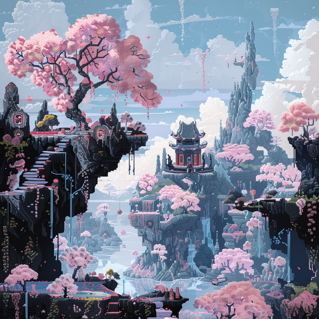 Whimsical fantasy landscape pixel art