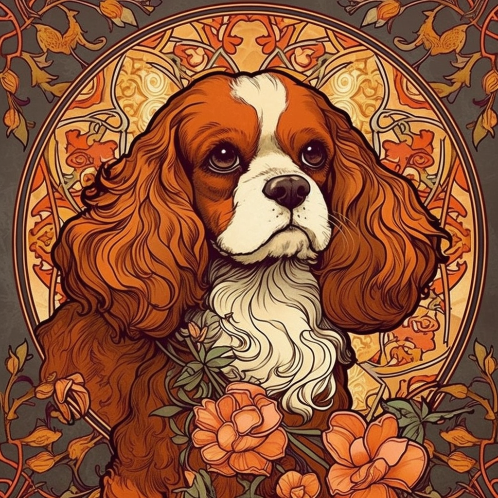 Detailed Art Nouveau Portrait of King Charles Cavalier Spaniel