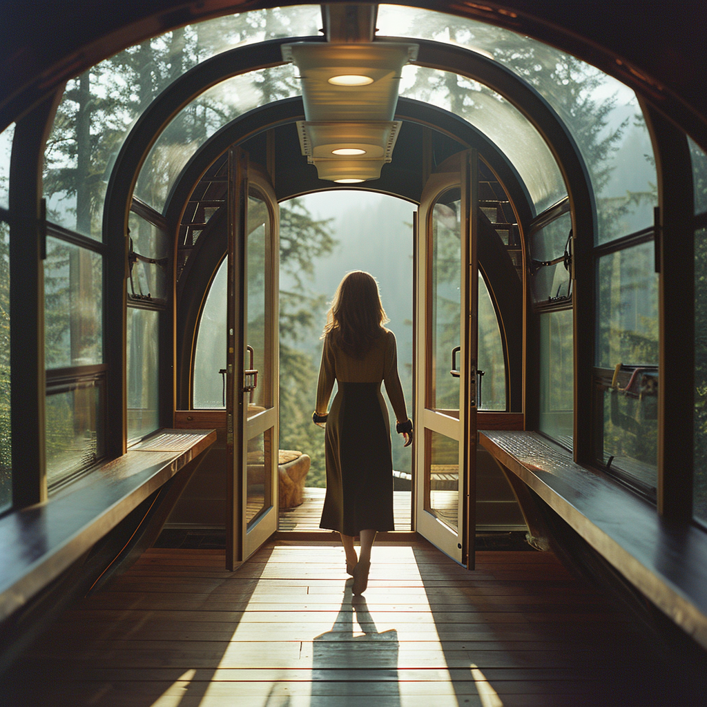 30-year-old woman entering luxury cabin doorway