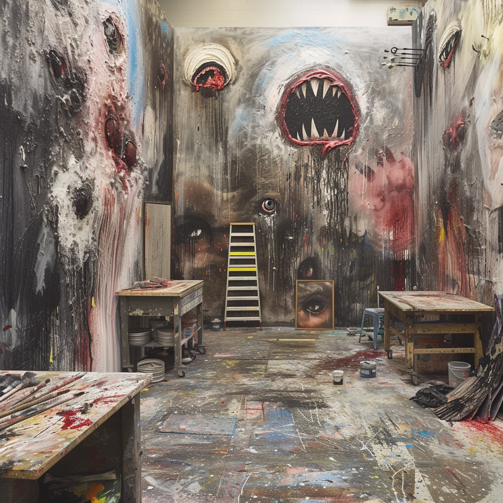 Chaotic art studio with horrifying paintings