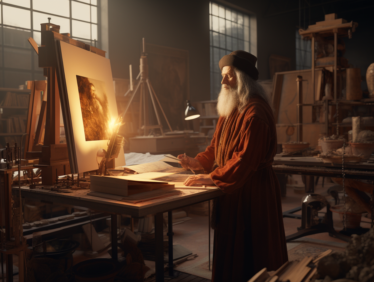 Leonardo da Vinci observing 3D Printing Machine