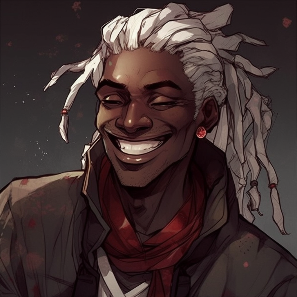 Dark-skinned male with dreadlocks laughing