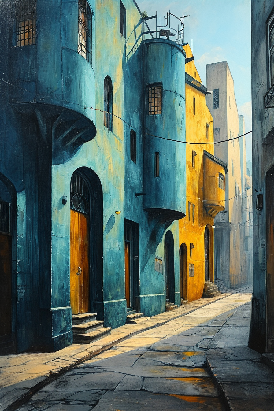 Art Deco urban scene in blue and yellow