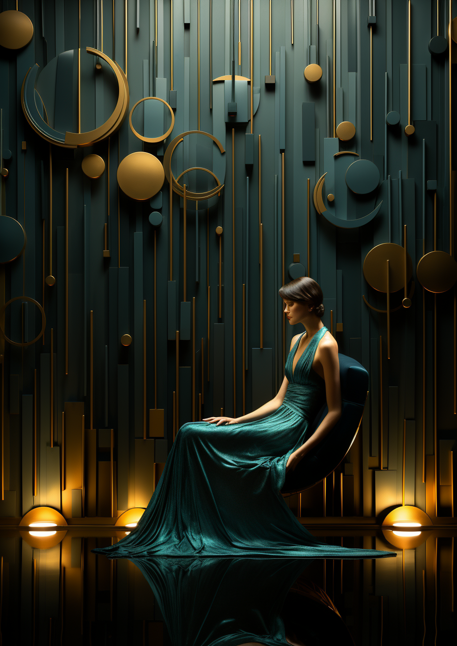 Teal Green Dress in Art Deco Background