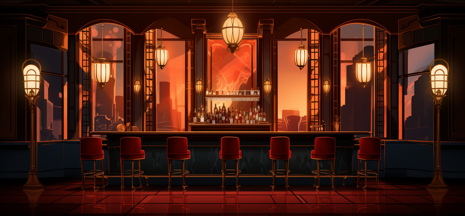 Art Deco speakeasy interior with bar