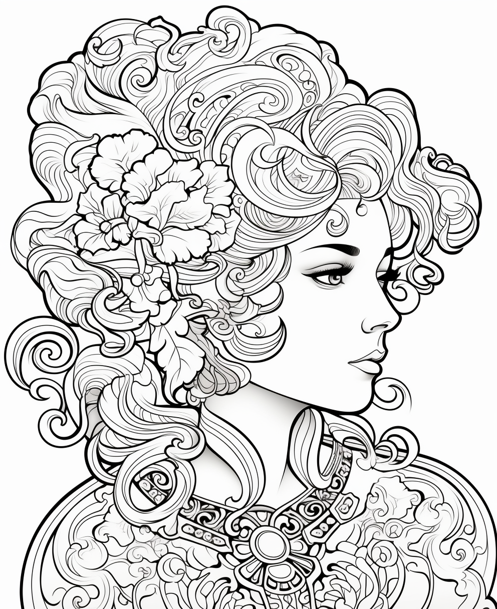 Clean black outline of an Art Nouveau lady