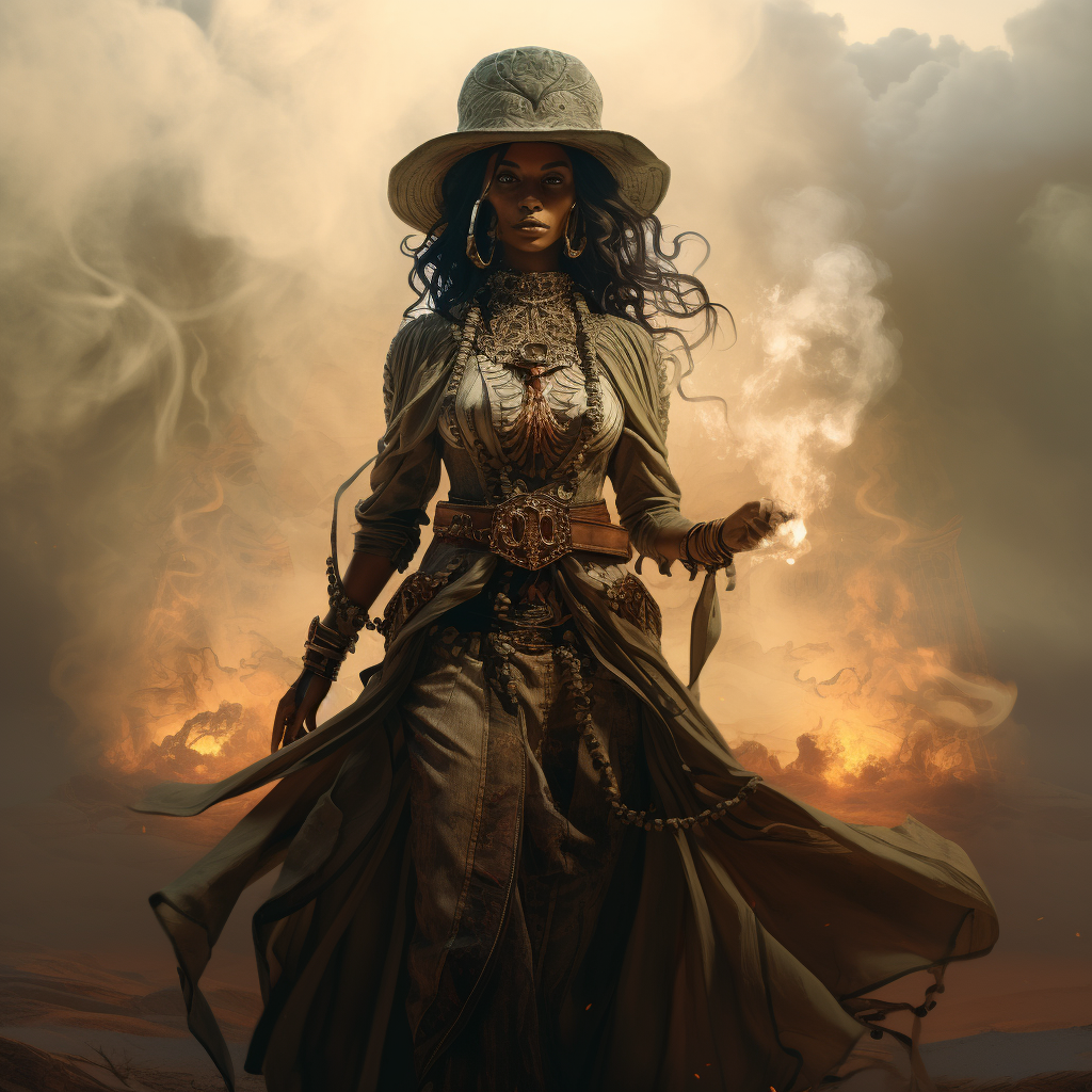 Beautiful Art Nouveau Voodoo Woman Mage on Battlefield