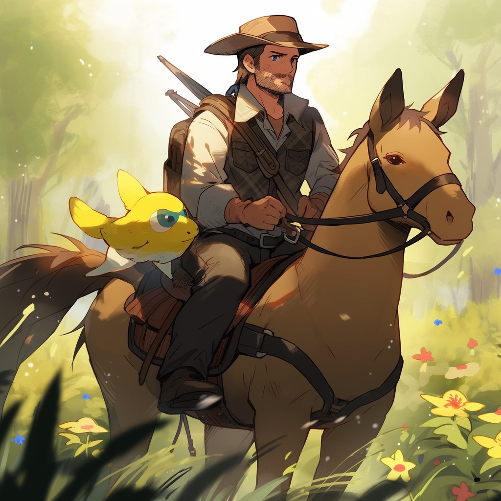 Arthur Morgan riding horse with Pikachu