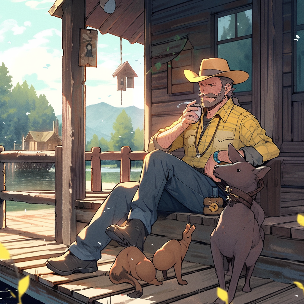 Arthur Morgan relaxing on his porch with Pikachu