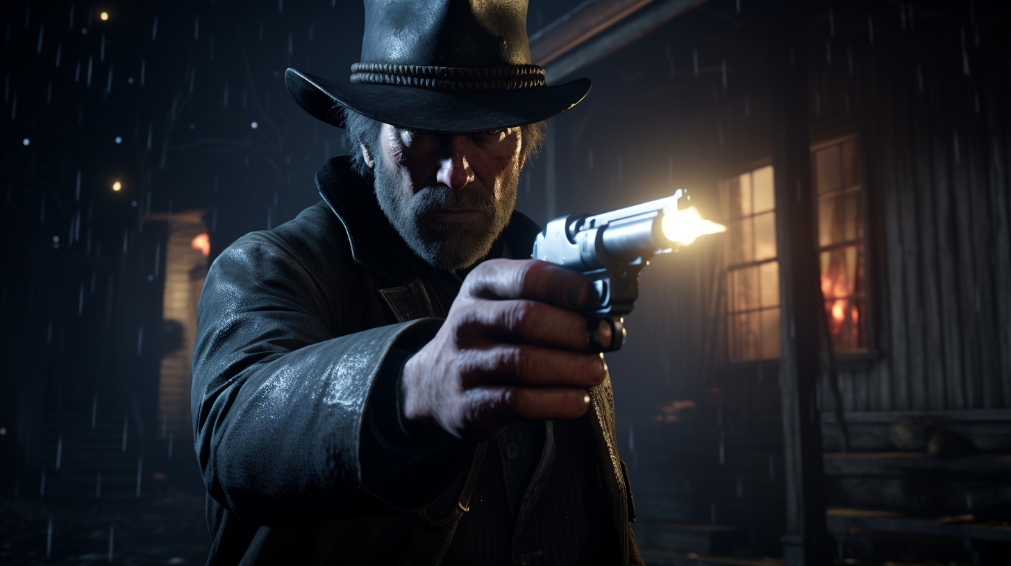 Arthur Morgan pointing revolver, dark lighting