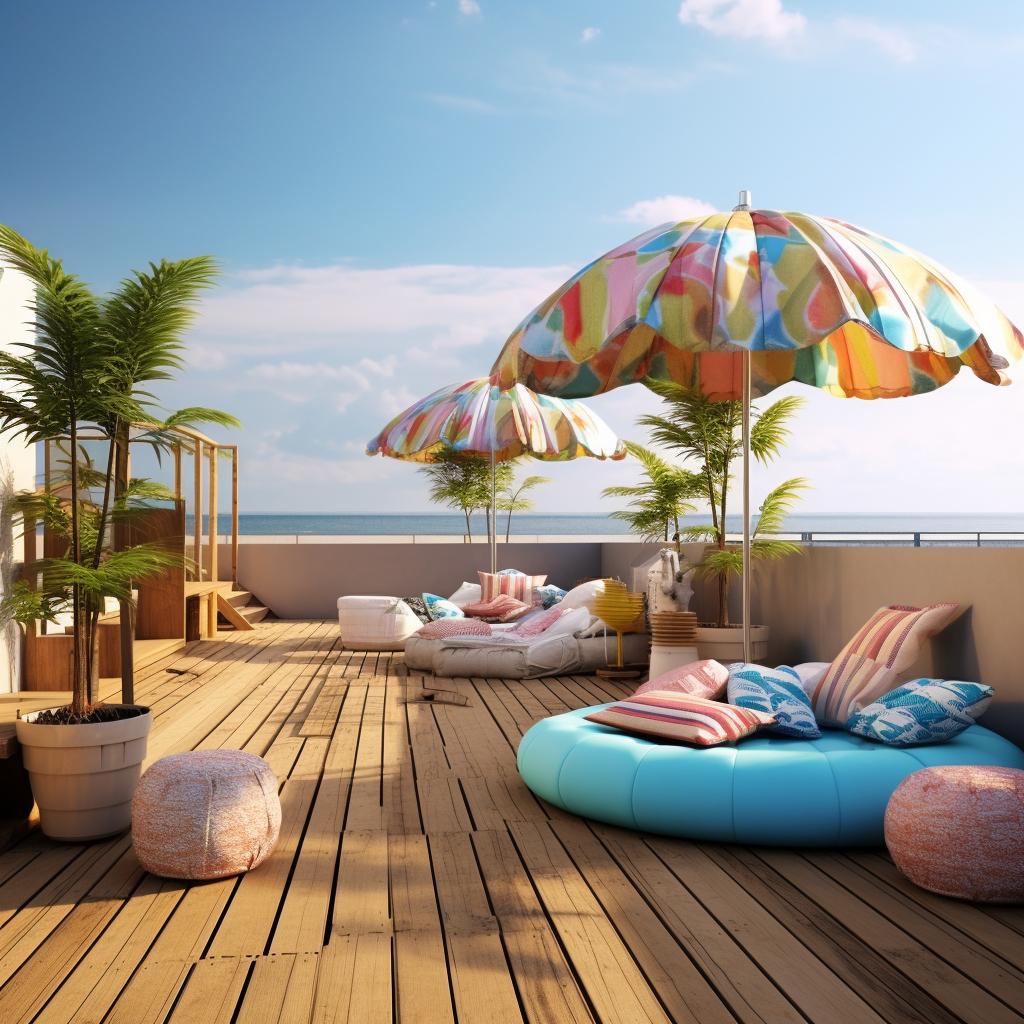 Artificial beach theme with bean bag and umbrella