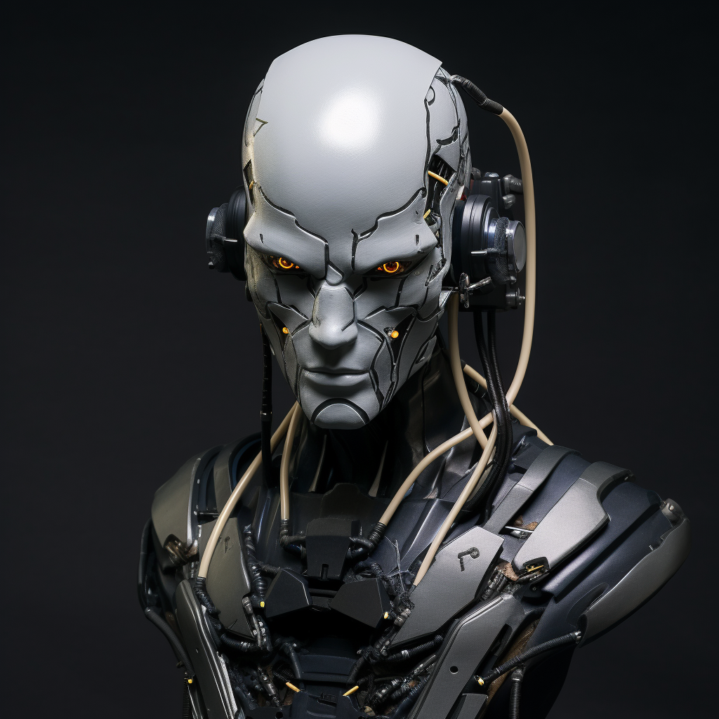 Cyberpunk AI robot head with wired steal cap