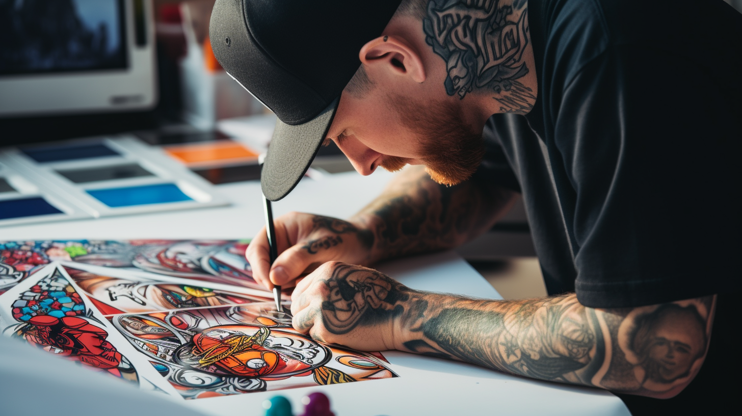 Artist coloring sports card in bright studio