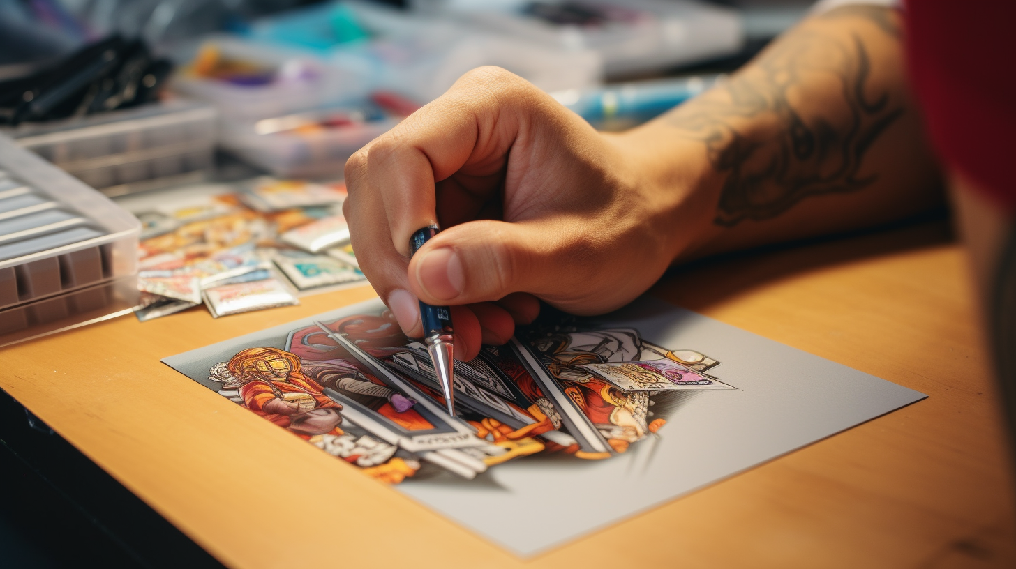 Artist coloring collectible sports card in studio