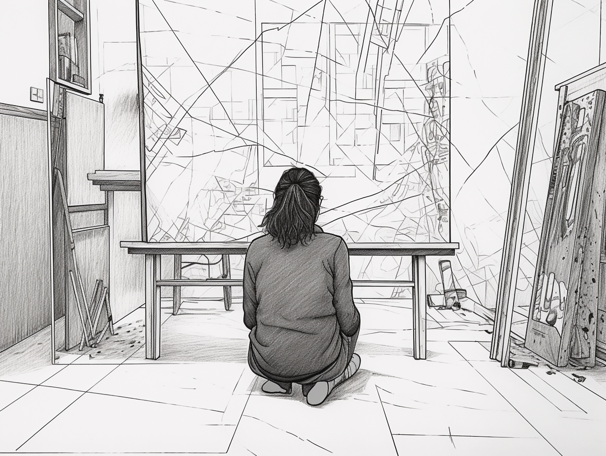 Minimalistic line drawing of artist working on large painting