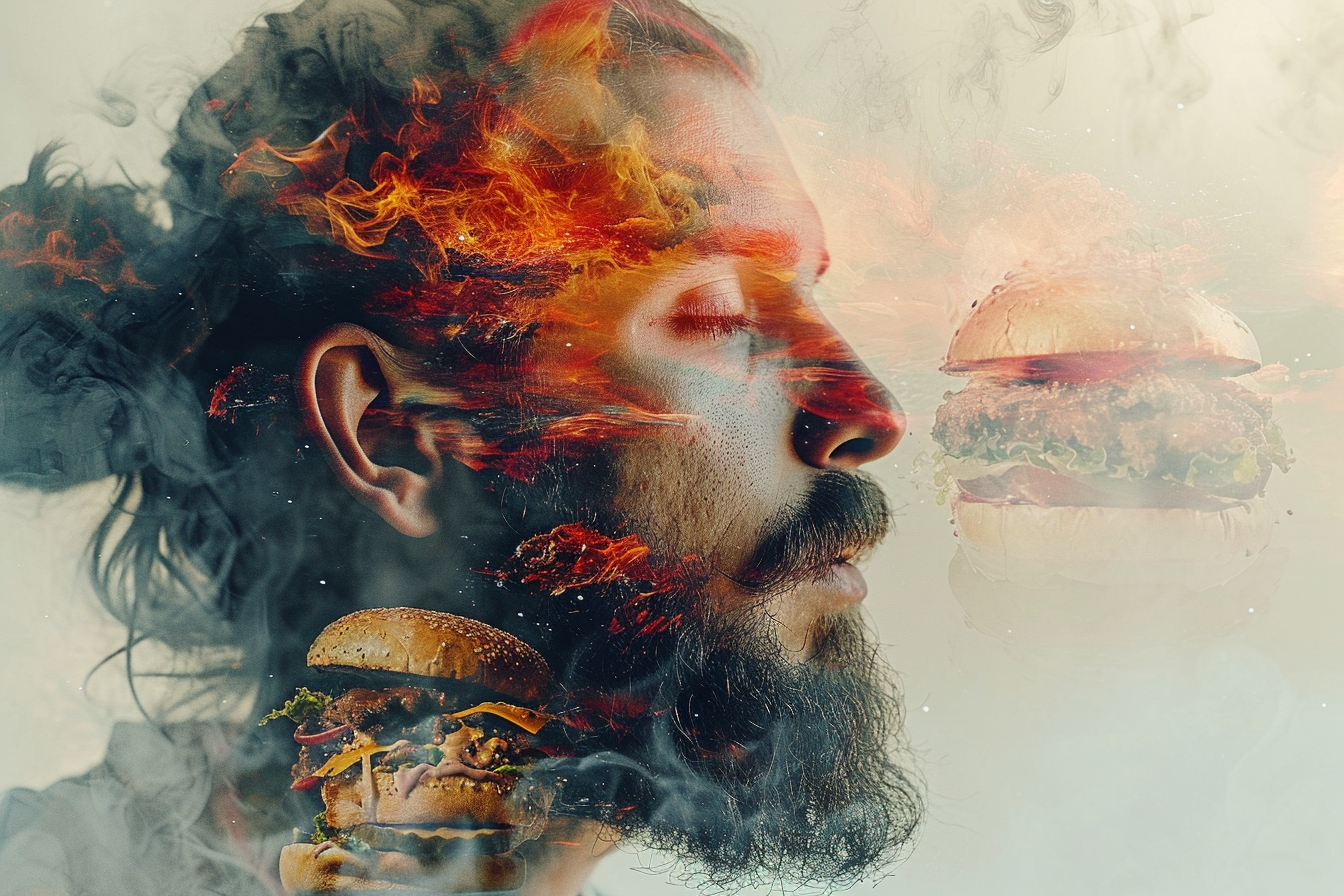 Bearded man surrounded by double exposure of burgers