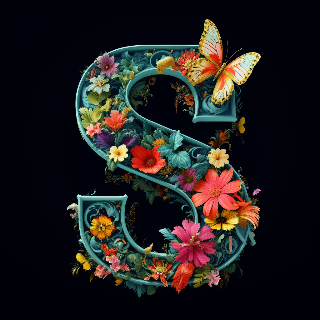 Artistic style English letter S with flowers and butterflies